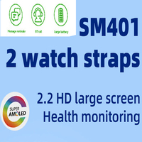 Montre intelligente SM401 avec 2 bracelets, écran HD de 2,2 pouces, surveillance de la santé, batterie de grande capacité de 450 mAh, appels Bluetooth, fonction carte SIM 2G