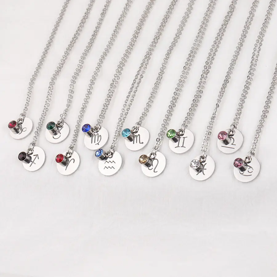 Ronde Vorm Kleurrijk Kristal Twaalf Dierenriemteken Geboortesteen Multicolor Mode Charme Ketting Roestvrij Staal Hanger Ketting