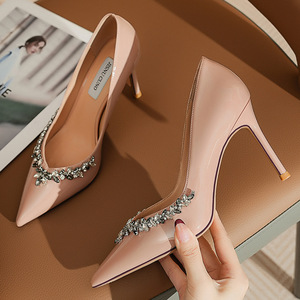 Zapatos de Tacón Alto Franceses de Lujo para Mujer, Estilo Slip-On, Color Nude con Pedrería, Tacón Delgado de 8 cm, PU, Primavera/Otoño - Product Image 2