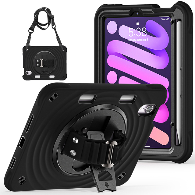 Shockproof Silicone case for iPad Mini 7 A17 Pro A2993 A2995 A2996 Rugged Cover Built in 360 Rotate Stand and Shoulder Strap