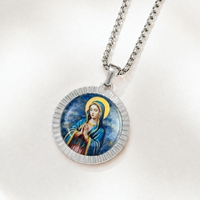 Collier pendentif religieux avec image de Notre-Dame de la Vierge Marie peinte à la main sur pierre de lapis-lazuli, charme personnalisé avec image catholique