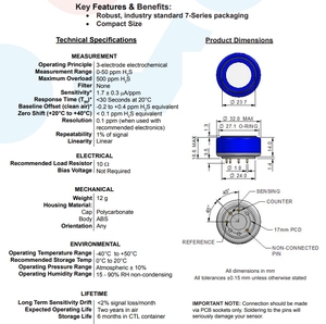 مستشعر كهروكيميائي H2S <span class=keywords><strong>3</strong></span>-Electrochemical 50ppm مدينة 7HH 7H مستشعر غاز H2S محمول - Product Image 6