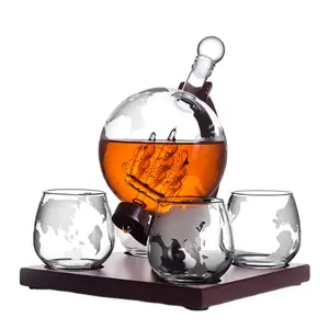 Hot Selling 850ml Transparent Globe Decanter Set with 2 Etched Globe Whisky Glasses for Liquor Wine Vodka