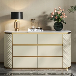 <span class=keywords><strong>Buffet</strong></span> d'entrée de salle à manger de luxe avec plateau en marbre, meuble de rangement en <span class=keywords><strong>bois</strong></span> avec tiroirs, console dorée <span class=keywords><strong>et</strong></span> armoire de cuisine en cuir <span class=keywords><strong>blanc</strong></span> - Product Image 2