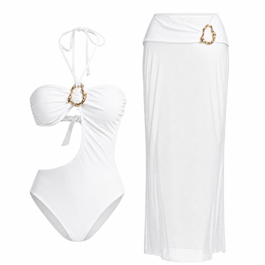 ชุดว่ายน้ำโมโนกินีสีขาวแบบผูกคอ พร้อมกระโปรงคลุมผ้าซีทรู ชุดชายหาดแบบริบบิ้นสำหรับผู้หญิง - Product Image 5