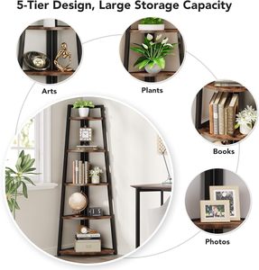 Legend Hot 5 Tier Rustic <strong>Corner</strong> Bookshelf 70 Inch Tall Wooden <strong>Corner</strong> <strong>Ladder</strong> Bookcase <strong>Shelf</strong> with Metal for Living Room - Product Image 5