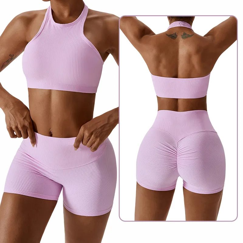 Active Pink 2 pezzi Yoga Suit set reggiseno ventilare pantaloncini a vita alta a coste palestra abbigliamento Fitness allenamento per donne e donne