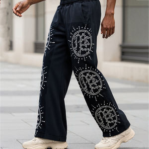 Pantalones informales de cintura elástica con tachuelas de diamantes de Color sólido para hombres y mujeres Diseño de moda y de moda con bolsillos Peso pesado - Product Image 1