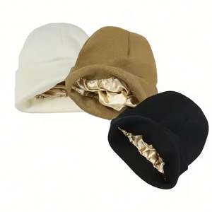 Bonnet en acrylique épais à revers uni, avec logo personnalisé, doublure en satin de soie, bonnet tricoté torsadé, bonnet uni - Product Image 1