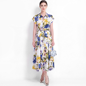 Vestido Camisero Largo de Verano para Mujer, Color Blanco y Azul, Cuello Camisero, Manga Corta, Botones al Frente, Cintura con Cinturón, Estampado Digital - Product Image 3
