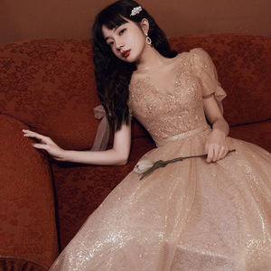 Evening Dress V-Neck A-Line Chiffon Empire Waist Vintage Plus Size Khaki Burgundy - Product Image 4