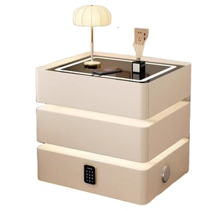 Mesita de noche inteligente de <span class=keywords><strong>madera</strong></span> de lujo moderna con luz Led carga inalámbrica huella dactilar muebles de dormitorio de cuero blanco - Product Image 3
