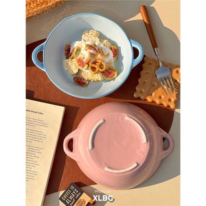 Bol à salade en céramique avec doubles poignées, bord rose et bleu, vaisselle pour la maison, pour nouilles, riz, soupes, été 2021 - Product Image 4