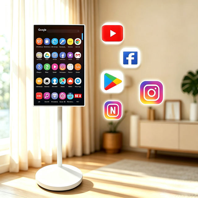 OEM ODM Portable Floor Standing Touch Screen Smart TV 27 32 Inch Google Android 14 Follow Me Display With HD Camera Video Call