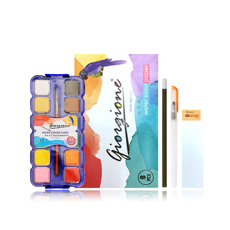 Amazon sıcak satış 28 renk katı kek suluboya boya seti sunar boya fırçaları plastik kutu paketi