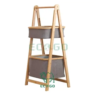 Wholesale Eco-friendly Foldable Clothes 2 Tier Bamboo Laundry <b>Hamper</b> Bamboo Laundry <b>Basket</b> With Storage Bag - Product Image 1