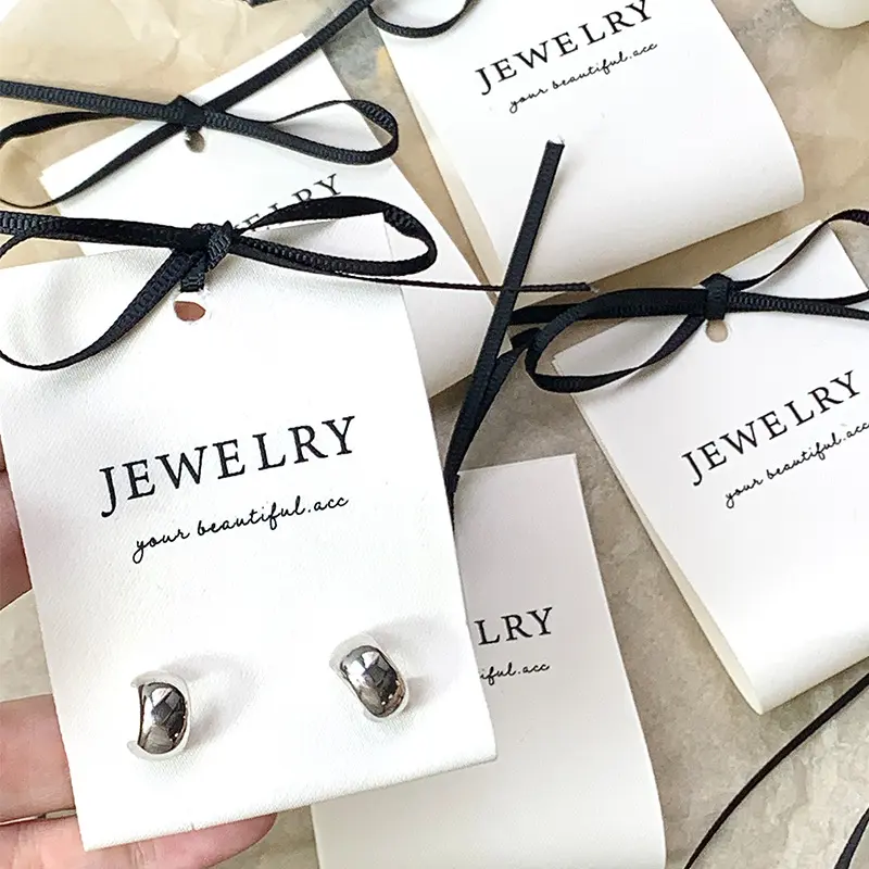 Luxury cotton soft fabric stud earrings necklace packaging display card fashion gifts jewelry label tags with black ribbon bow
