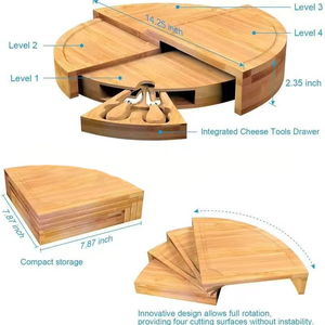 Tabla de cortar giratoria de bambú con apertura y cierre redondo ajustable para <span class=keywords><strong>queso</strong></span> con cuchillos y tenedores Juego de picnic portátil - Product Image 3