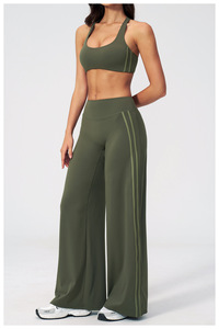 Solid Color Yoga Set Women's Racerback Crop Top High Waist Wide Leg Pants With <b>Side</b> Stripe Breathable Sportwear 2 Piece Outfit - Product Image 3