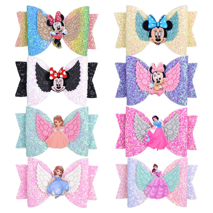 Cartoon figure glitter bow girls hair clips accessories frozen series Elsa princess hair bows pins for kids