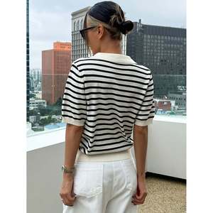 Women's Black and White Striped Polo Collar Short Sleeve 100% <b>Viscose</b> Knit <b>Top</b> - Product Image 3