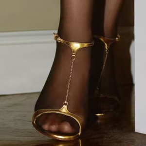 รองเท้าส้นสูงแบบสายรัดข้อเท้าทรง T-strap สำหรับผู้หญิง ไซส์ใหญ่ 45 ทรงกว้าง เปิดนิ้วเท้า สีทอง สายรัดข้อเท้า ส้นสูง ผ้าไหม - Product Image 1