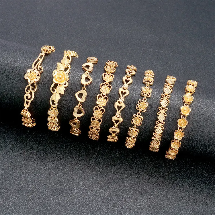 Hot sale design quality heart and flower shape womens jewelry personalized bracelet 24k gold plated charm bracelet bangle