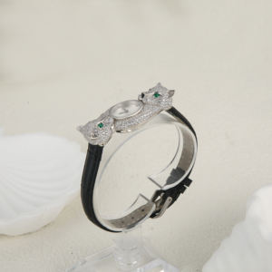 S925 jam tangan kuarsa klasik modis perak murni jam tangan kulit kuarsa macan tutul mengkilap zirkon untuk hadiah pesta wanita - Product Image 3