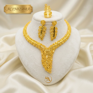 New Trend Fashionable Leaf Design Gold Plated Jewelry Set for Women Nigerian Bridal Necklace Earrings Ring Set Fashion - Product Image 1