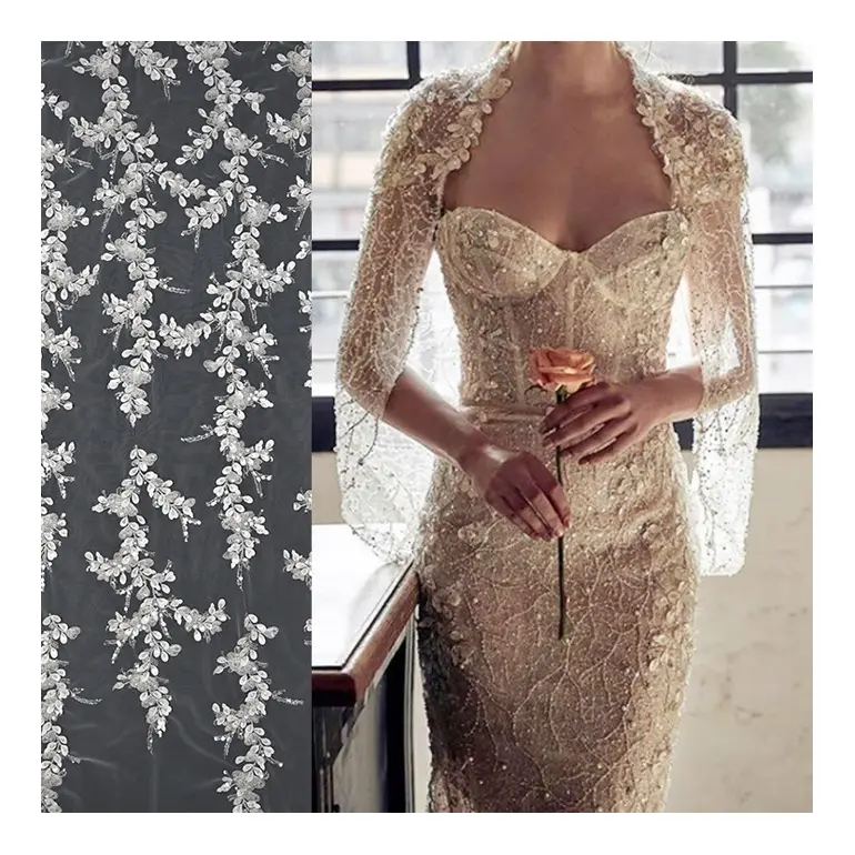 New arrival fashion sexy elegant luxury wedding lace beaded french lace fabric with sequins for wedding dress