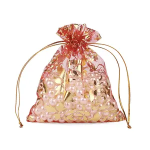 Rose Printed Transparent Organza Small Mesh Drawstring Gift Bag for Candy and Jewelry