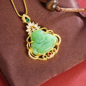 Pingente de Buda com Corrente Banhada a Ouro <span class=keywords><strong>24k</strong></span>, Clássico, com Jade Verde, Amuleto da Sorte, Joia da Moda para Mulheres e Homens - Product Image 1