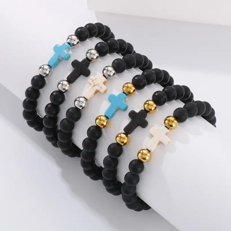 Drop Shipping 8mm Agate White Turquoise Cross Pendant Bracelet Religious Christian Elastic Bracelet Women Jewelry