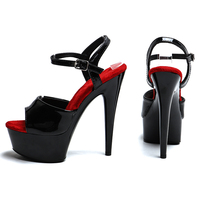 Sandales à plateforme à talon haut pour femmes, en PU verni, 15 cm / 6 pouces, bout ouvert, bride en T, chaussures de pole dance