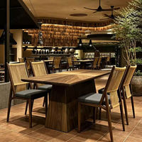 Collection de mobilier de salle à manger commercial en rotin moderne, ambiance naturelle, chaises tissées texturées, table à base lourde, mobilier de restaurant