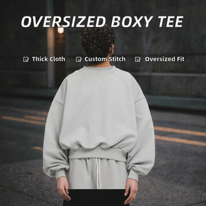Wholesale <b>Grey</b> Boxy Crewneck <b>Sweatshirt</b> Dropped Shoulder Thick Ribbed Hem Relaxed Fit Oversized Casual Streetwear Pullover Custo - Product Image 2