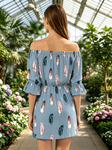 Feather Print Blue Dress - Off-Shoulder Elastic Waist Dress with Puff Sleeves Summer Dress - Product Image 3