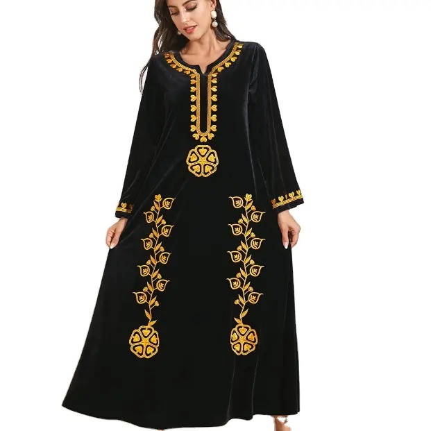 Nieuwe Aankomst Geborduurd Goud Fluwelen Abaya Moslim Vrouwen Lange Jurk