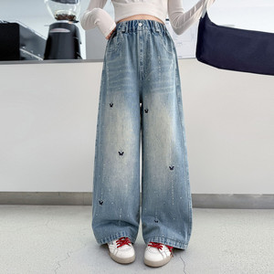 Jeans in denim primaverili da ragazza 2026, nuovo stile coreano e occidentale, casual, vestibilità ampia, vita alta, chiusura elastica, pantaloni a gamba larga - Product Image 5