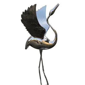 Escultura de jardim de pássaros de guindaste de aço inoxidável para decoração moderna de parques urbanos, artesanato em metal, espelho polido
