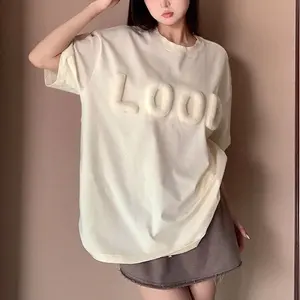 Custom Oversized Heavyweight Tshirt For Women 300 Gsm Tshirt Woman T-shirts 3D Emboss T Shirts With Logo