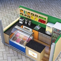 Kiosque de restauration rapide extérieur en gros avec design intérieur, comptoir de présentation pour jus, boissons, glaces et yaourts, stand de vente