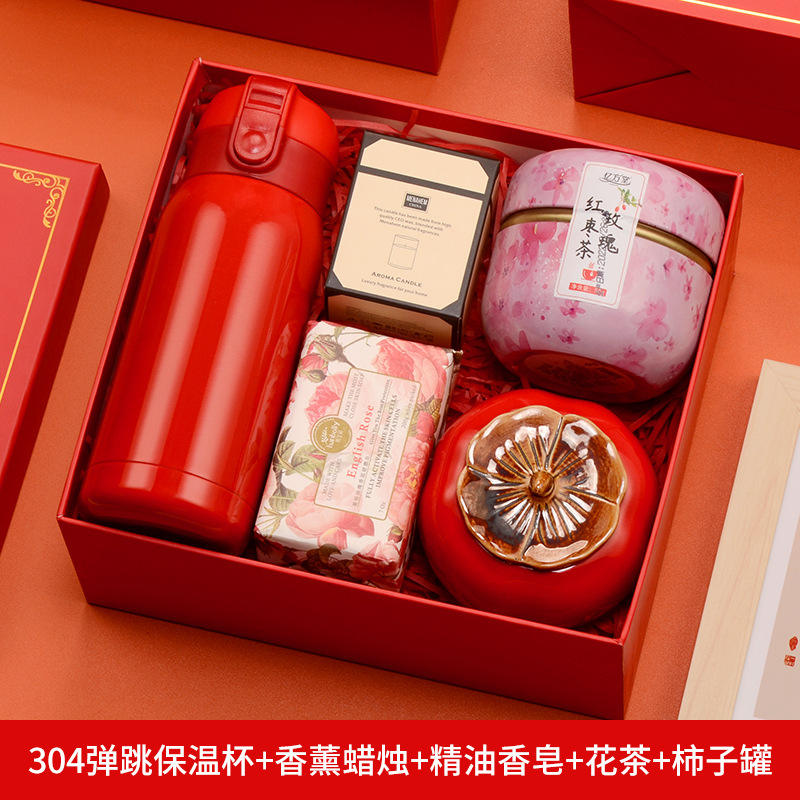 Taza Termo Pop-Up Roja 304, Jabón de Aceite Esencial, Camelia, Tarro de Caqui, Set de Regalo de Velas Aromáticas