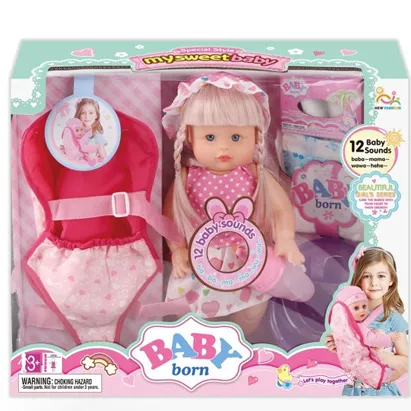 Venda quente popular 13 polegadas Inglês 12 Sound Ic Water Baby Dolls Brinquedos com urina Bacia Fralda Absorvente Garrafa Mochila de tecido