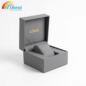 Boîte à montre rectangulaire en carton avec insert en similicuir, fermeture à pression anti-poussière, logo personnalisé en relief - Product Image 1