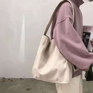 Bolsos de compras de lona de algodón natural de gran capacidad, bolsos de hombro reutilizables a la moda con estilos lisos y de <span class=keywords><strong>pana</strong></span> - Product Image 4