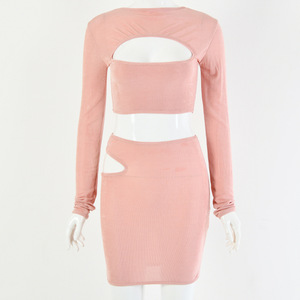 Women's Two Piece <b>Set</b> Pink Hollow <b>Knitted</b> Long Sleeve Top And Mini Skirt Casual Outfit - Product Image 4