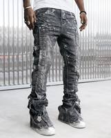 Aeedenim Streetwear – Pantalon en jean déchiré personnalisé pour homme, coupe empilée, noir, avec fermeture éclair, imprimé délavé, taille mi-haute