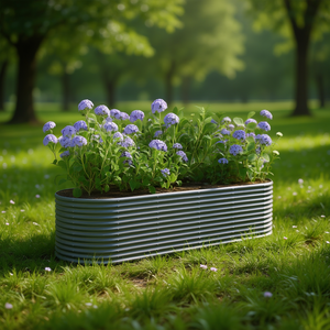 กระถางปลูกต้นไม้ทรงรีแบบยกพื้นสำหรับปลูกดอกไม้และพืชสีเขียว ทำจากเหล็กเคลือบสีเทา - Product Image 2