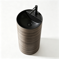 Lavabo sur colonne rond en marbre brun à effet superposé, monobloc autoportant, avec robinet mitigeur haut noir pour hôtel et villa